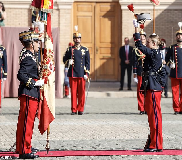 Princess Leonor of Spain swears in the Spanish flag during an official ceremony