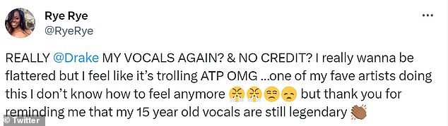 Rie Rie wrote: 'REALLY @Drake MY VOCALS AGAIN?  & NO CREDIT?  I really want to be flattered but I feel like trolling ATP OMG'