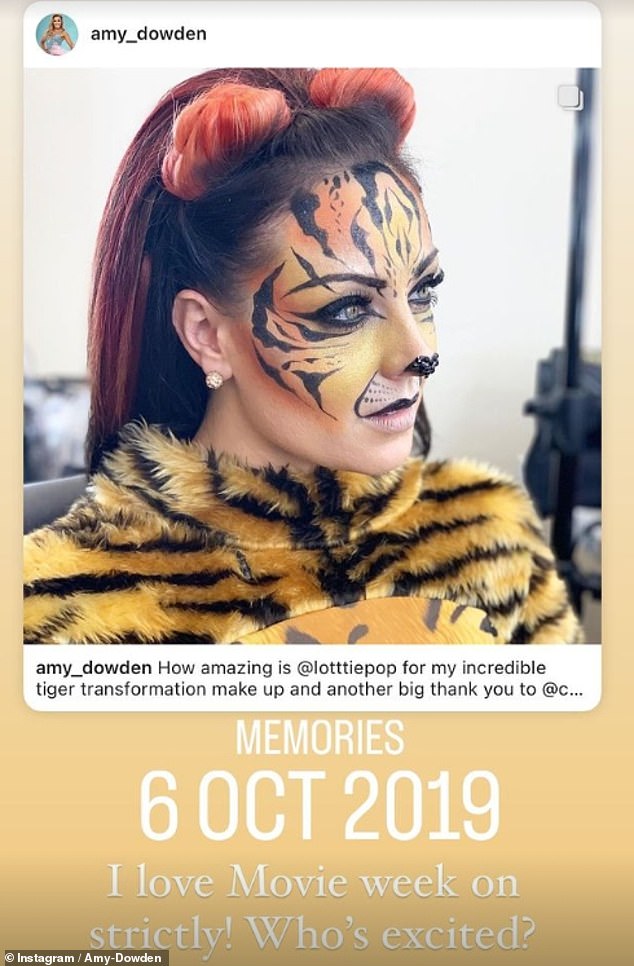 Showing her support: Amy shared a snap of herself in her tiger make-up back in 2019 for her samba performance with partner Karim Zeroual as she reflected on Film Night