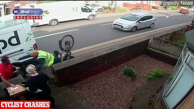 The cyclist then slams on the brakes, flies over the handlebars and crashes into Heidi Cooper's boundary wall