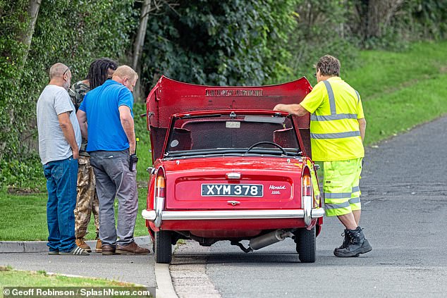 Filming on the ninth series for ITV was halted this week after the open-top red Triumph Herald broke down while wandering the winding lanes - forcing Robson Green, who plays Inspector Geordie Keating, to get out and push