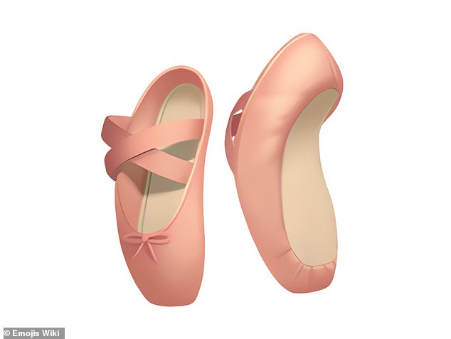 A photo of the Apple emjoi of a pair of European pink ballet pointe shoes