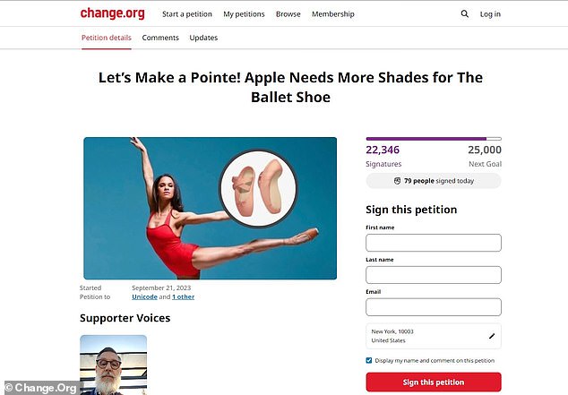 Copeland started the petition 'Let's Make a Pointe!  Apple needs more shades for the ballet shoe' on Change.org dated September 21 which has received more than 22,000 signatures