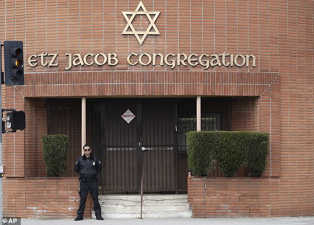 Patrols have also been stepped up outside synagogues in Los Angeles.  Pictured is the Etz Jacob congregation in LA (file photo)