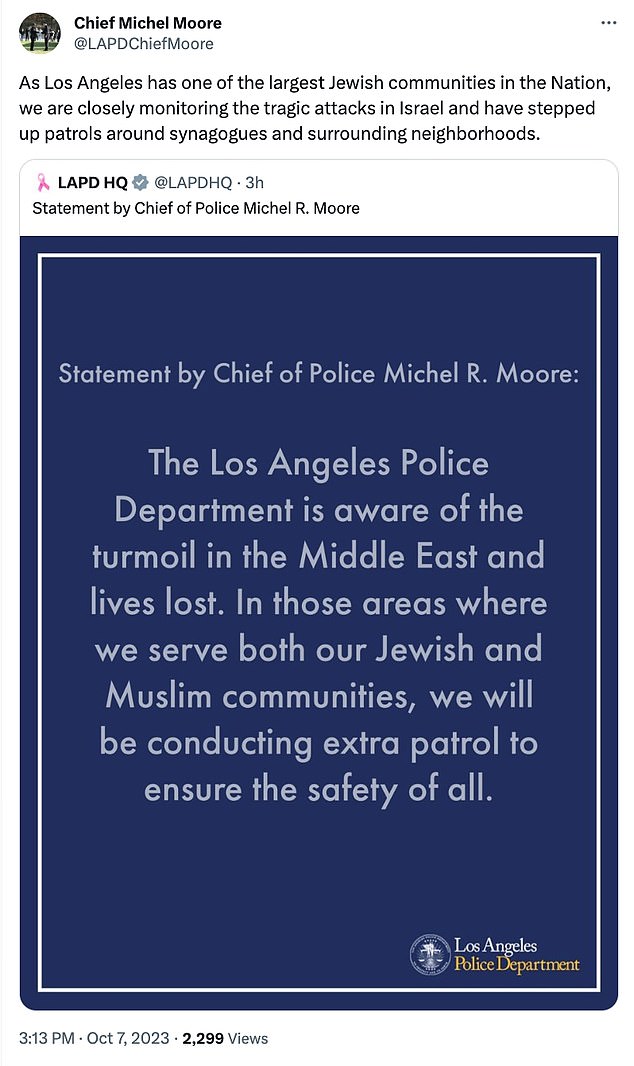 Across the country in California, police increased security and patrolled around Jewish institutions in Los Angeles, Beverly Hills and Santa Monica