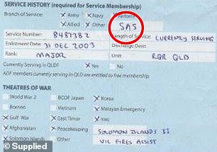 Boak's application claimed to have served in various theaters of war as a major in the SAS