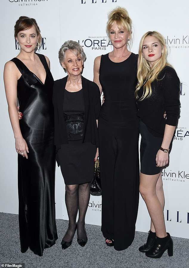 From left to right: Dakota Johnson, Tippi Hedren, Griffith and Stella Banderas in 2015