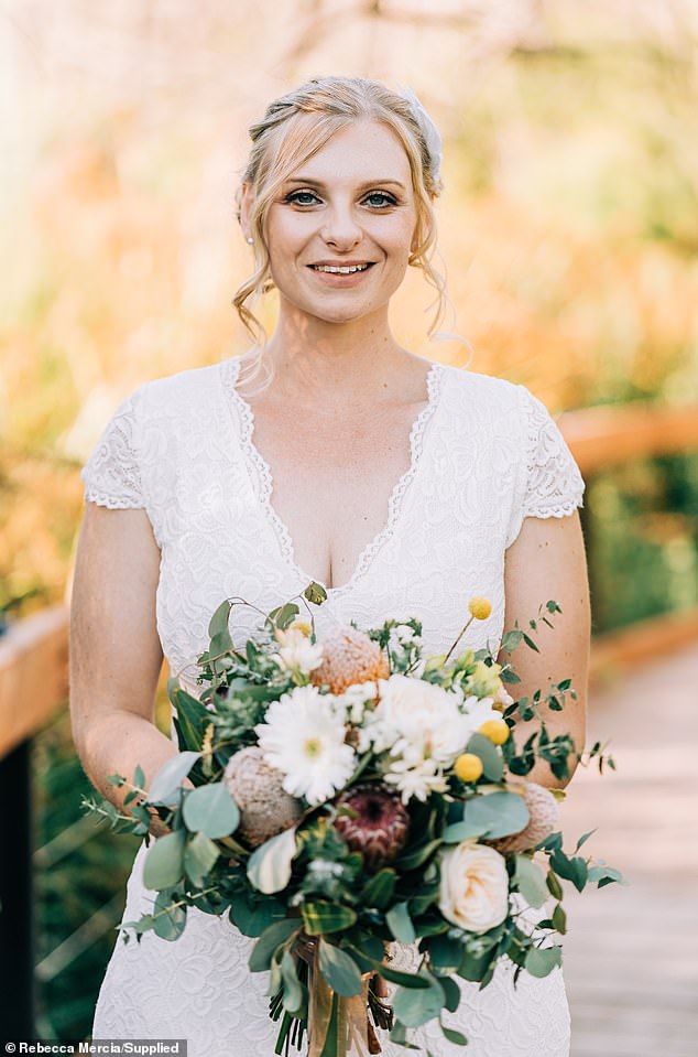 Karen juggled her job and being a stay-at-home mom while her husband was away for work all the time with excruciating pain (pictured at her wedding four months before the pain started)