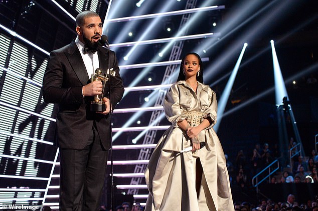 Iconic: The moment went viral seven years ago, after Drake professed his love for Rihanna while presenting her with the Michael Jackson Video Vanguard Award and tried to kiss her