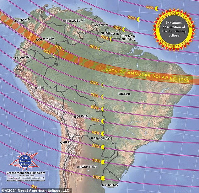 At the same time, people in much larger parts of North America, Central America and South America (pictured) will be able to see less blocking of the sun.