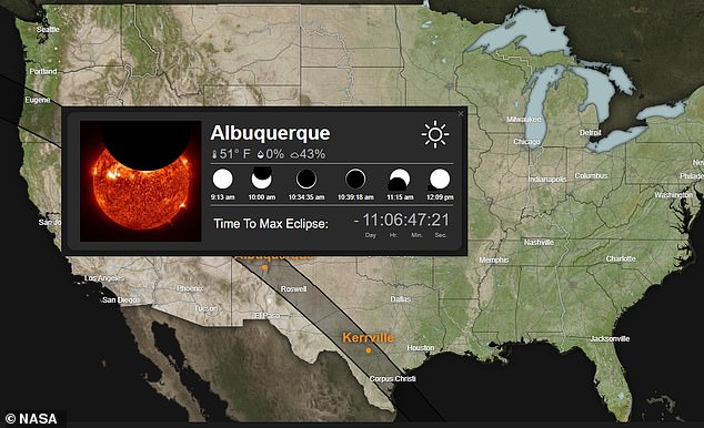 Fun to play with: NASA's interactive widget (pictured) features layers upon layers of details that space enthusiasts can toggle on and off, including what percentage of the sun will be covered at the peak of the eclipse in different regions