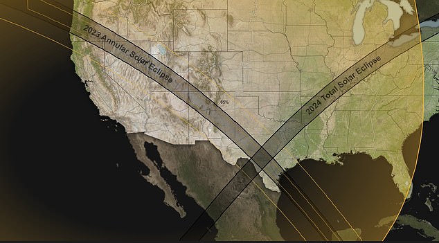 Comparison: An annular solar eclipse does not completely obscure the face of the Sun, unlike a total solar eclipse, which is why it will momentarily appear as if a ring of fire surrounds the dark disk of the Moon.  Pictured is the path the annular solar eclipse of 2023 will take compared to the total solar eclipse that will be visible in 2024.