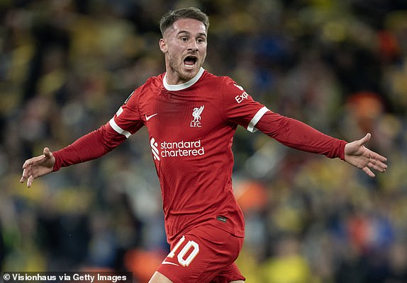 LIVERPOOL, ENGLAND – OCTOBER 5: Alexis Mac Allister of Liverpool in action during the UEFA Europa League Group E match between Liverpool FC and R. Union Saint-Gilloise at Anfield on October 5, 2023 in Liverpool, England.  (Photo by Joe Prior/Visionhaus via Getty Images)