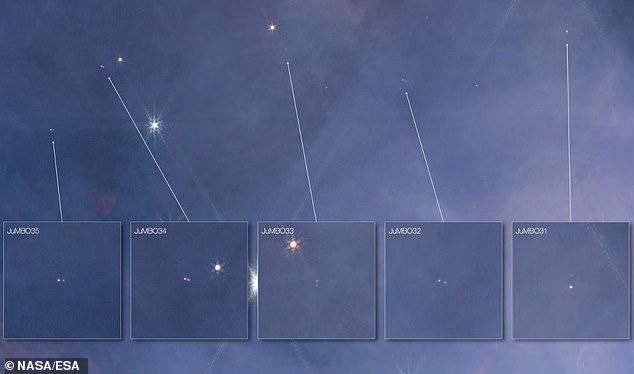 The James Webb Telescope has observed about 40 pairs of Jupiter-mass binary objects (JUMBO).  This photo selects five of them