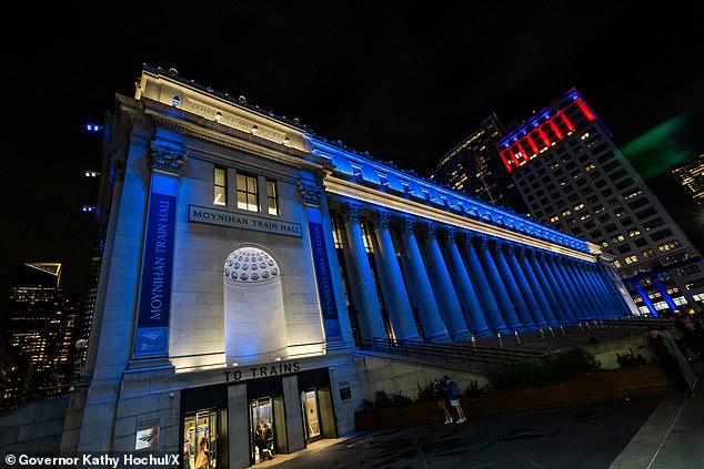 The Moynihan Train Hall in New York was lit up last night in the colors of the Israeli flag