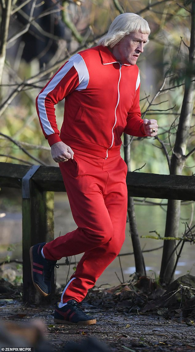 Steve Coogan filming The Reckoning, in character as Jimmy Savile in one of the pedophile's trademark tracksuits