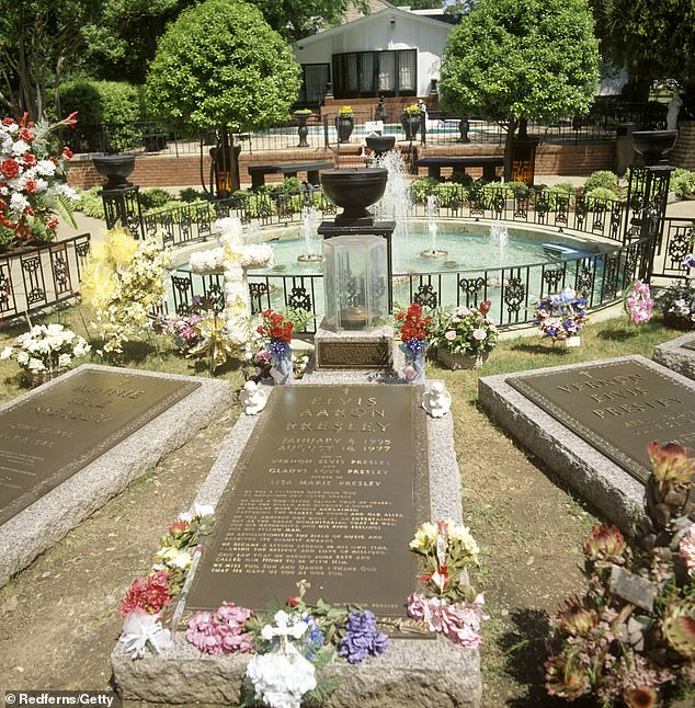 The sprawling 13.8-acre estate attracts over half a million visitors each year, where music lovers flock to catch a glimpse of Elvis history.  Pictured: Presley's tombstone at Graceland