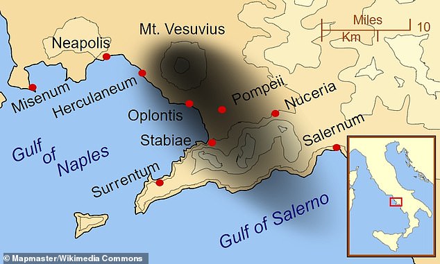 The map shows the location of Pompeii and other cities destroyed by the eruption.  The black cloud represents the general distribution of ash and cinder