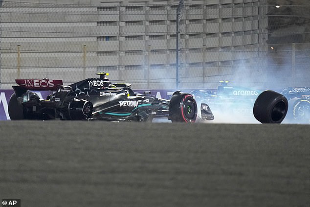 Both cars entered the gravel when Hamilton's right tire blew during the collision with Russell.