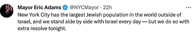 On Saturday night, the mayor declared the city's full support for Israel