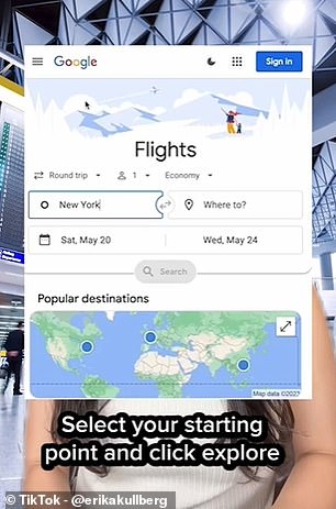 First, she instructs viewers to go to google.com/flights to start their search