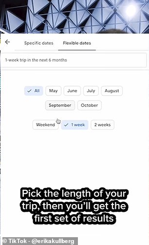 Continuing the instructions, she says: 'Choose the length of your trip, then you'll get the first set of results'