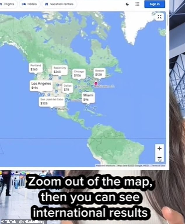 To find prices for international flights, it instructs viewers to 'zoom out of the map'.  It then shows all the pricing options for various destinations