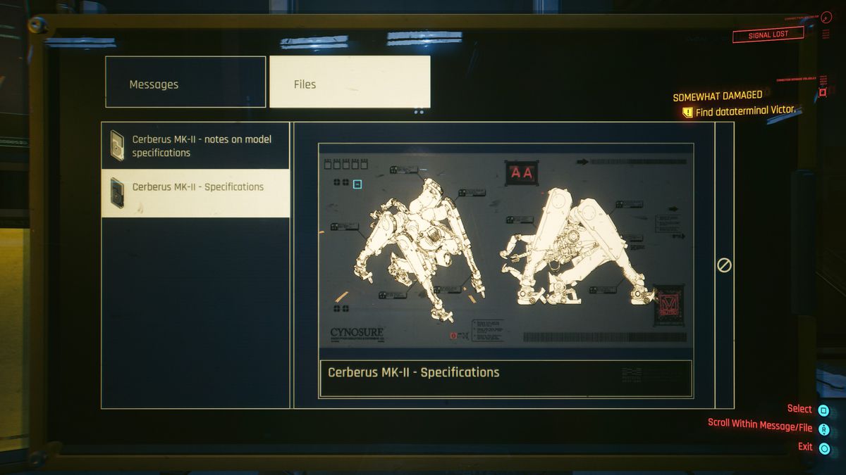 A computer screen showing schematics for the Cerebus MK-II mech, as in 