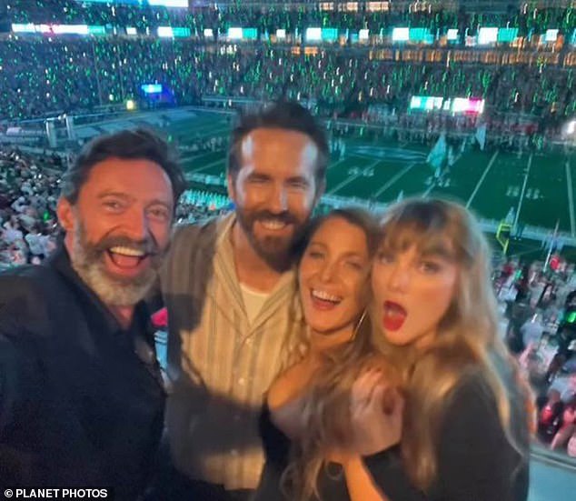 Betty is one of several celebrities who spent time with Hugh after the breakup of his marriage.  Last weekend, the Wolverine star was spotted mingling with Taylor Swift, Ryan Reynolds and Blake Lively (all pictured) at the Kansas City Chiefs' game against the New York Jets