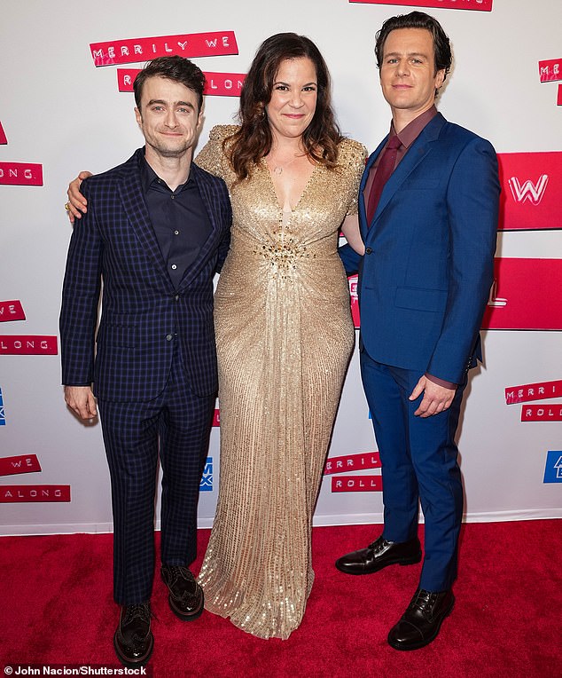 Stars of the show: Daniel Radcliffe, Lindsay Mendes and Jonathan Groff posed for a shot on the red carpet