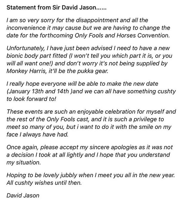 Statement: He gave fans an update on his health in a statement explaining why he couldn't make it to the event