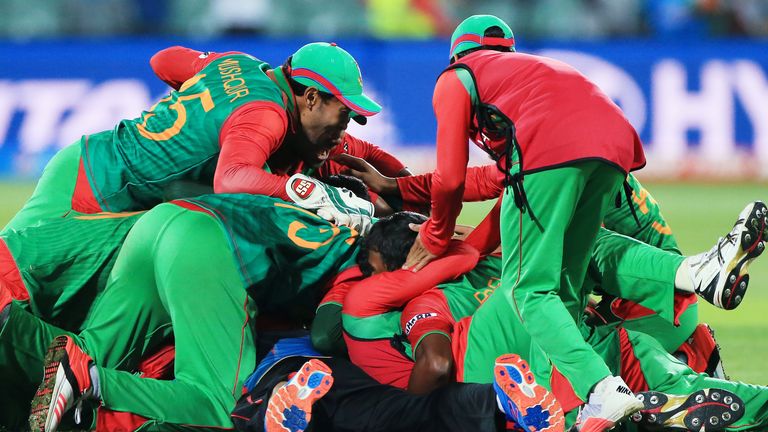 Bangladesh celebrates victory against England in the 2015 World Cup (Associated Press)