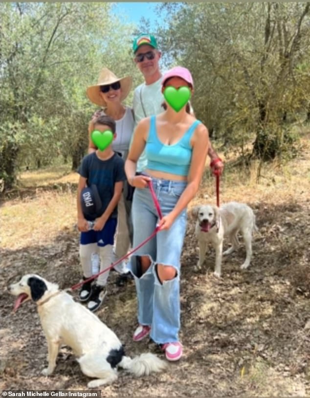 August 4 family portrait: Missing from the couple's side are their 11-year-old son Rocky James and 14-year-old daughter Charlotte Grace, who may not have come because Knott's spooky farm is 