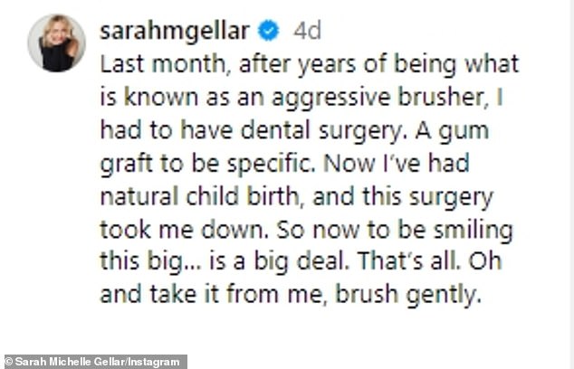 Gellar - who has 6.7 million followers on social media - wrote: 'Now I've had a natural birth and this surgery has crushed me.  So to be smiling like this now is a big deal'