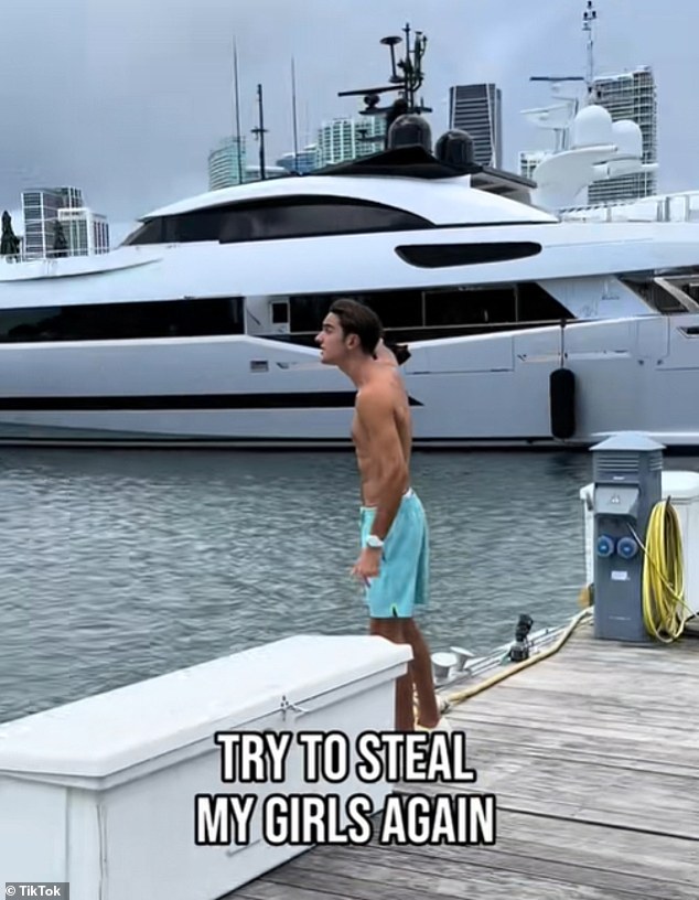 The shirtless man, pictured, starts yelling angrily at another yacht owner sitting on his boat, saying he's in space 