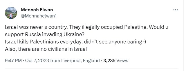 In another post, Dr.  Elwan even shocked that “there are no civilians in Israel,” which apparently supported the violence over the weekend