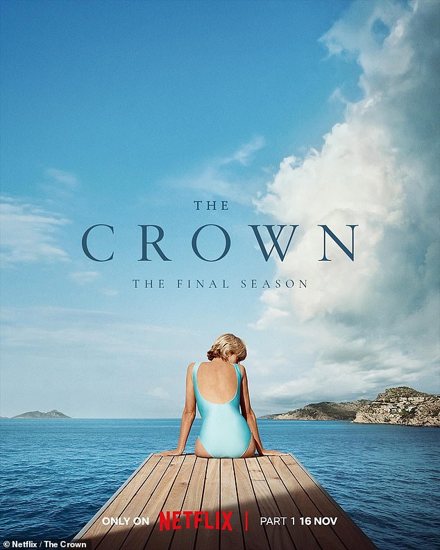 Upcoming: The series poster shows one striking shot of Princess Diana in a blue bathing suit sitting at the end of a jetty