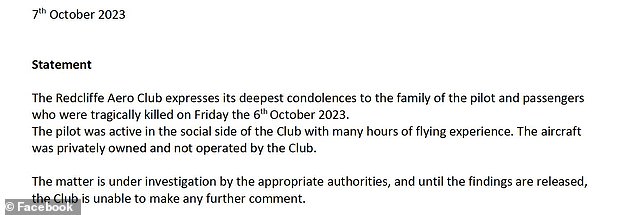 The Redcliffe Aero Club in Queensland released a statement on Saturday saying the pilot was active in their club