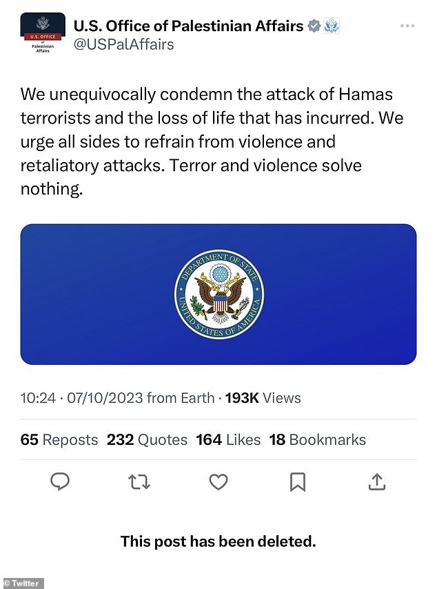 The US State Department's Office of Palestinian Affairs posted on X on Saturday: 