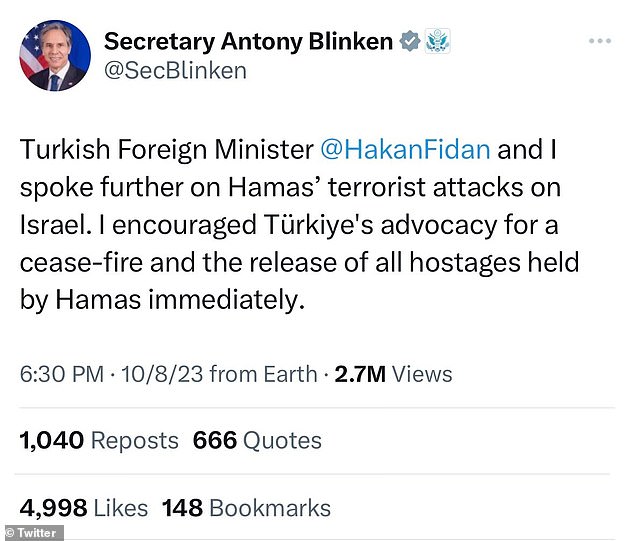 In addition, Foreign Secretary Anthony Blinken posted on Sunday that he had spoken with his Turkish counterpart about Israel withdrawing its defenses against horrific terrorist attacks.