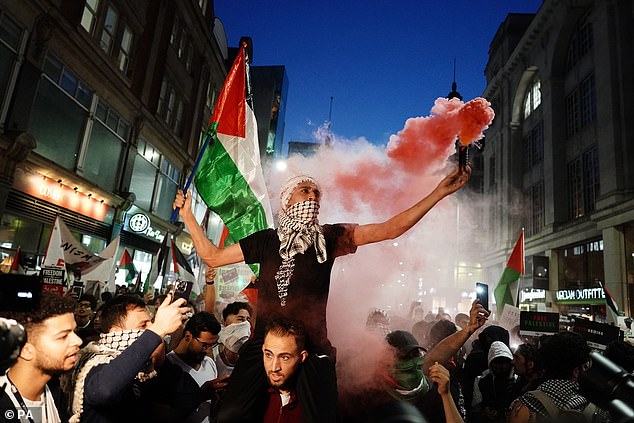 Pictured, the Palestine Solidarity Campaign demonstration in London with supporters waving Palestinian flags