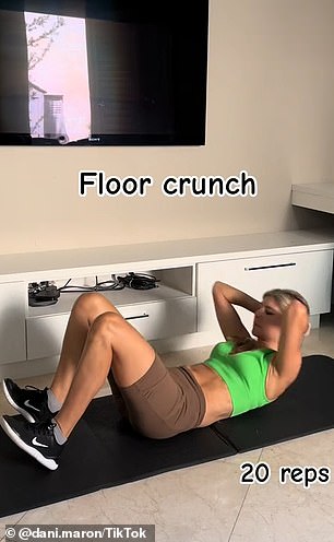 She showed viewers her five-step ab routine, which consisted of floor and bicycle crunches