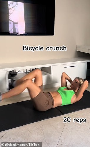 She showed viewers her five-step ab routine, which consisted of floor and bicycle crunches