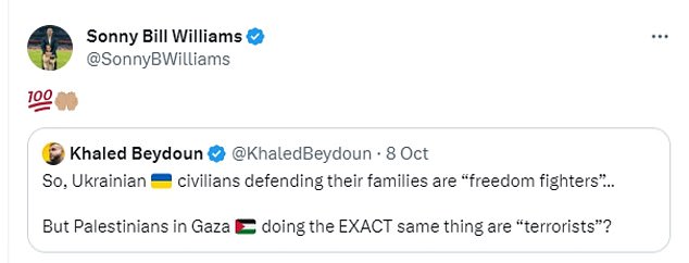 The former NRL and All Blacks star shared the post saying the people responsible for the shameful attacks on Israel should be recognized as freedom fighters.