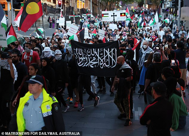 Protesters marched from the Town Hall towards the Sydney Opera House, chanting 