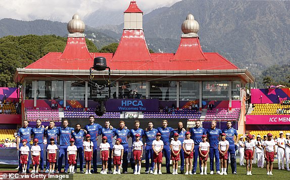 DHARAMSALA, INDIA - OCTOBER 10: England players line up for the national anthems ahead of the ICC Men's Cricket World Cup India 2023 between England and Bangladesh at HPCA Stadium on October 10, 2023 in Dharamsala, India.  (Photo by Darrian Traynor-ICC/ICC via Getty Images)