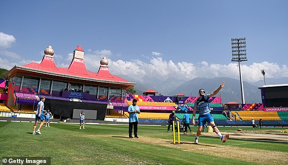 DHARAMSALA, INDIA - OCTOBER 09: Gus Atkinson of England bowls during a nets session at the Himachal Pradesh Cricket Association Stadium on October 09, 2023 in Dharamsala, India.  (Photo by Gareth Copley/Getty Images)