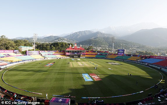 DHARAMSALA, INDIA - OCTOBER 10: General view inside the ground before the ICC Men's Cricket World Cup India 2023 between England and Bangladesh at HPCA Stadium on October 10, 2023 in Dharamsala, India.  (Photo by Darrian Traynor-ICC/ICC via Getty Images)