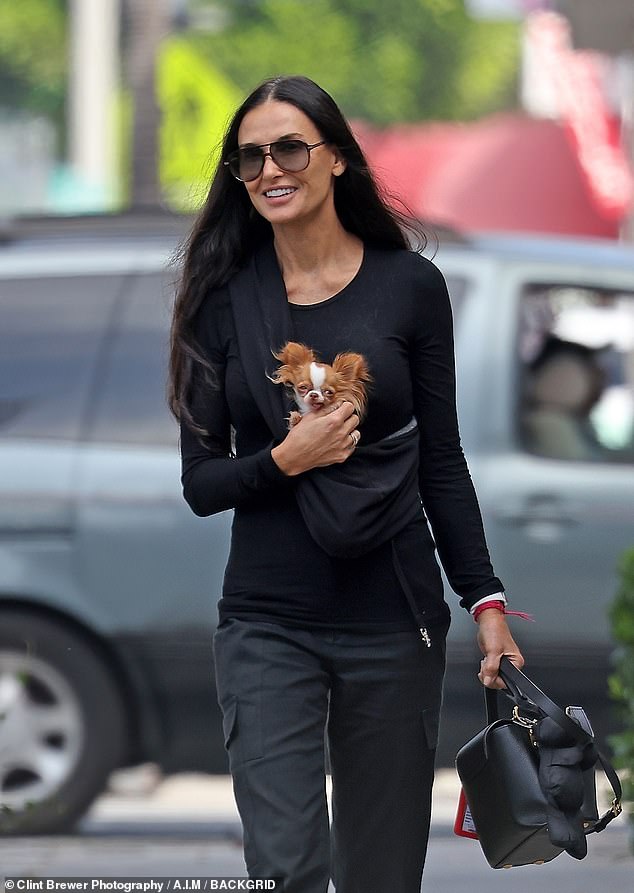 Her pup: The eternal beauty, 60, was cozy in a long-sleeved black top and black trousers to match, as she kept her little two-year-old pet Chihuahua Pilaf in a baby carrier