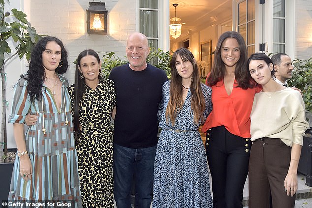 All together: Demi shares three daughters - Rumer, 35, Scout, 32, and Tallulah - with her ex-husband, actor Bruce Willis, 68, who is currently battling frontotemporal dementia;  (L-R) Rumer, Demi, Bruce, Scout, Emma Heming Willis and Tallulah in 2019.